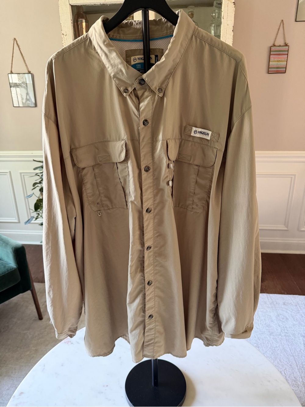 Magellan Outdoors Fish Gear Angler Fit Vented Long Sleeve Shirt Khaki Size 4XL